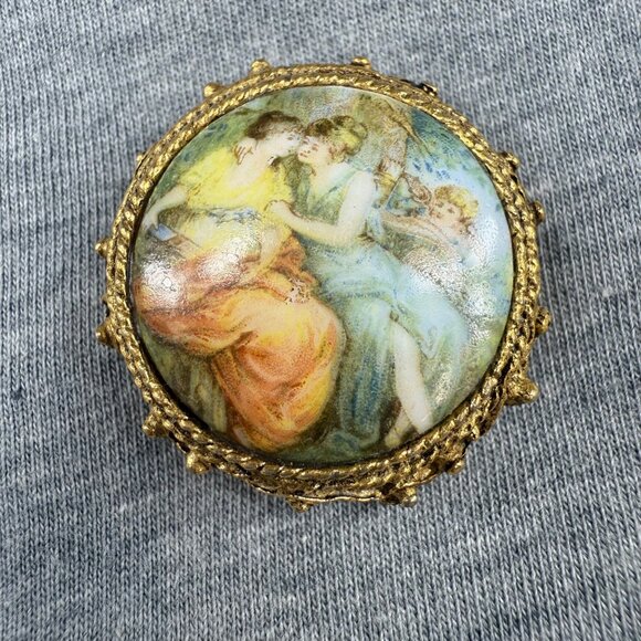Vintage Victorian-Style Hand-Painted Porcelain Brooch With Gilded Filigree Frame - Picture 2 of 16